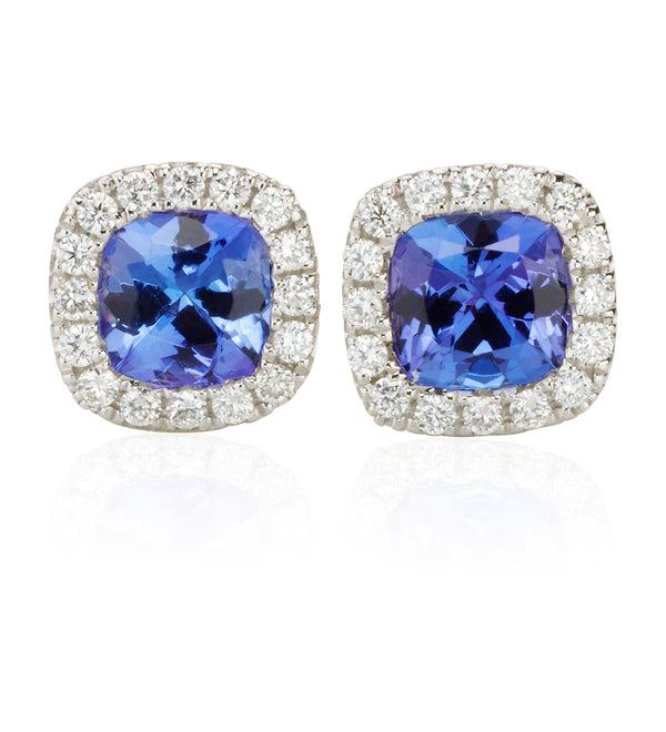 18ct White Gold Cushion Cut Tanzanite and Diamond Halo Cluster Stud Earrings