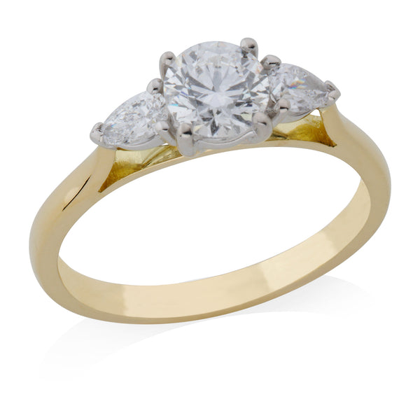 18ct Yellow and White Gold Three Stone Four Claw Set Round Brilliant Cut and Pear Cut Diamond Ring