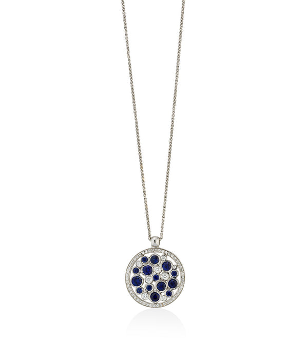 18ct White Gold Rub Set Round Cut Sapphire and Diamond Cluster Pendant and Chain