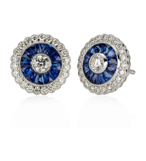 18ct White Gold Milgrain Edge Grain Set Sapphire and Diamond Double Halo Cluster Stud Earrings