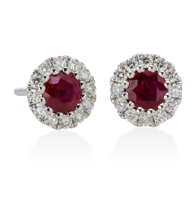 18ct White Gold Twelve Claw Set Round Cut Ruby and  Diamond Halo Cluster Stud Earrings