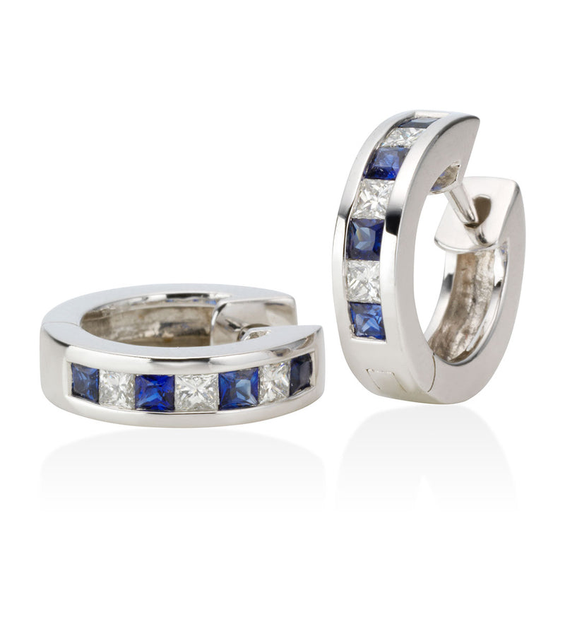 18ct White Gold Channel Set Square Cut Sapphire and Princess Cut Diamond Hoop Earrings