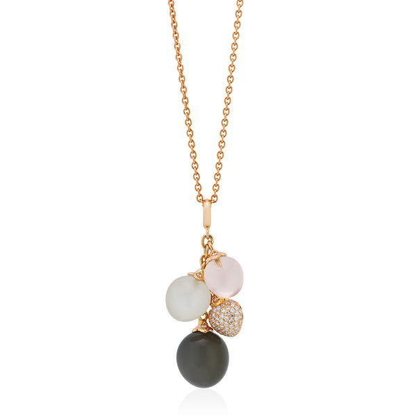 18ct Rose Gold Moonstone, Rose Quartz and Diamond Drop Pendant and Chain