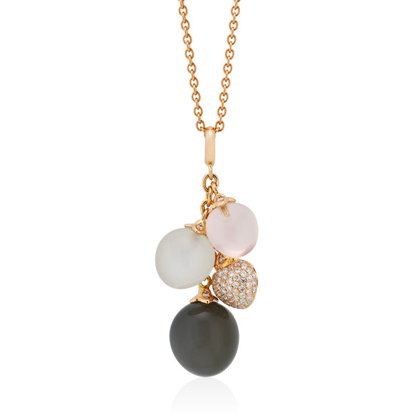 18ct Rose Gold Moonstone, Rose Quartz and Diamond Drop Pendant and Chain