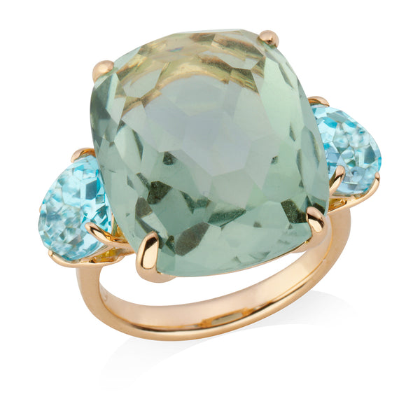 18ct Rose Gold Three Stone Green Amethyst and Blue Topaz Ring