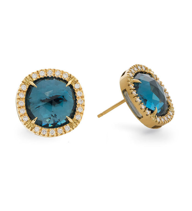 Marco Bicego Jaipur 18ct Yellow Gold London Blue Topaz and Diamond Halo Cluster Stud Earrings