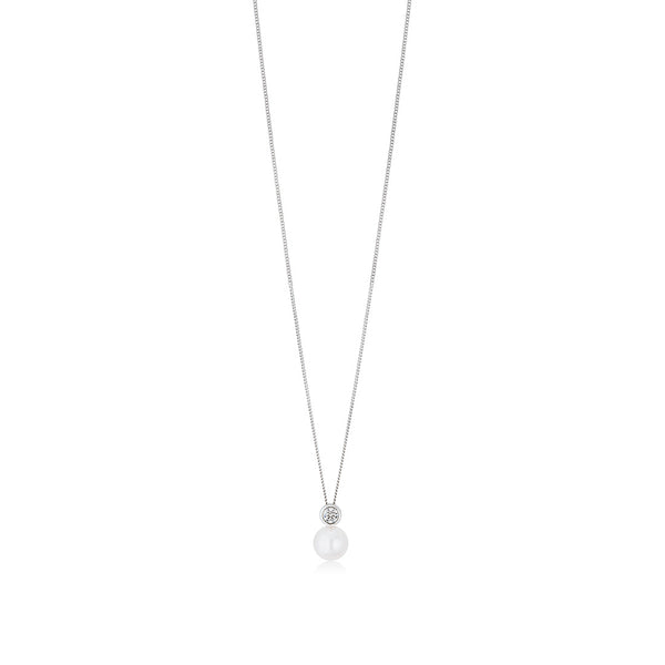 18ct White Gold Akoya Cultured Pearl and Diamond Pendant and Chain