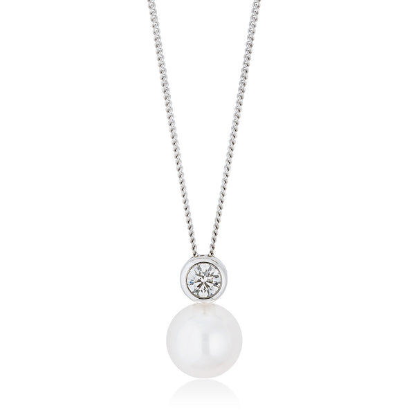 18ct White Gold Akoya Cultured Pearl and Diamond Pendant and Chain