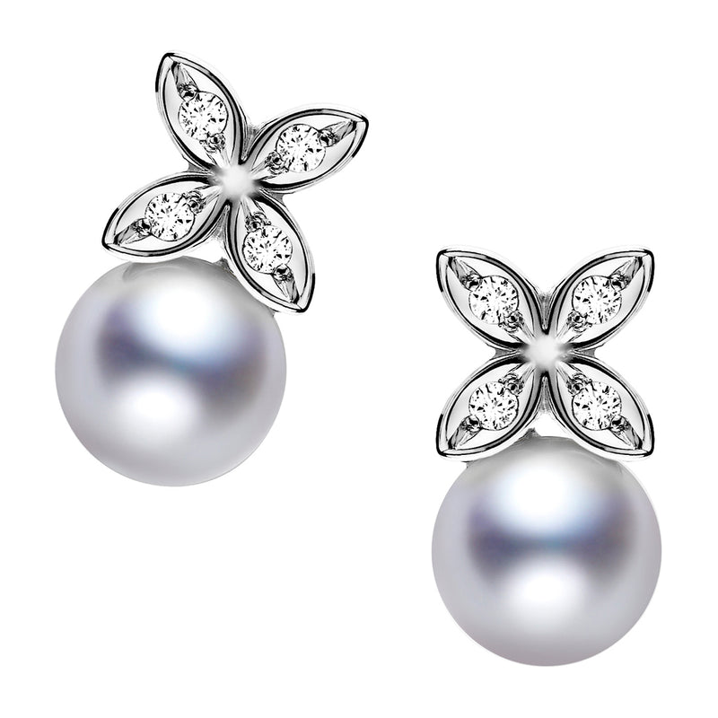 Mikimoto Clover 18ct White Gold Akoya Cultured Pearl and Diamond Drop Earrings