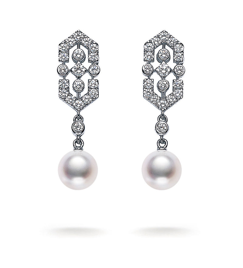 Mikimoto Art Deco 18ct White Gold Akoya Cultured Pearl and Diamond Drop Earring