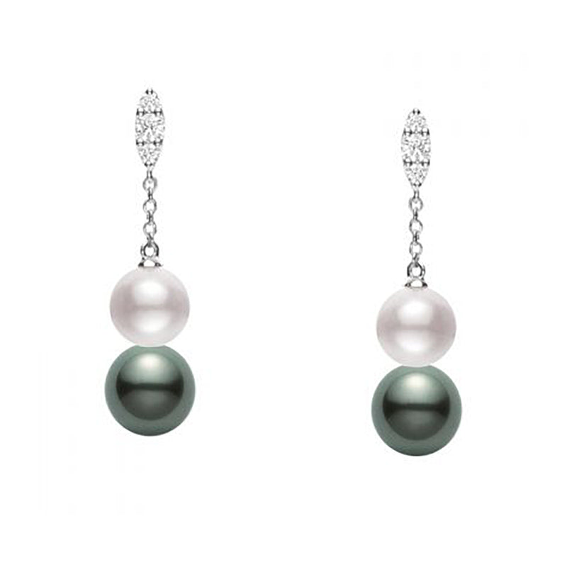 Mikimoto Morning Dew 18ct White Gold Black South Sea Cultured Pearl and Akoya Cultured Pearl Drop Earrings