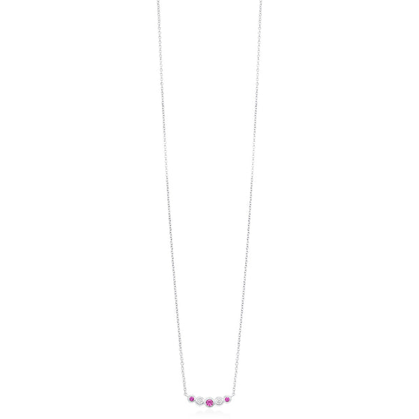 18ct White Gold Rub Set Round Cut Pink Sapphire and Diamond Necklace