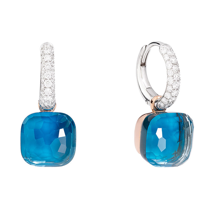 Pomellato Nudo Classic 18ct Rose and White Gold London Blue Topaz and Diamond Drop Earrings