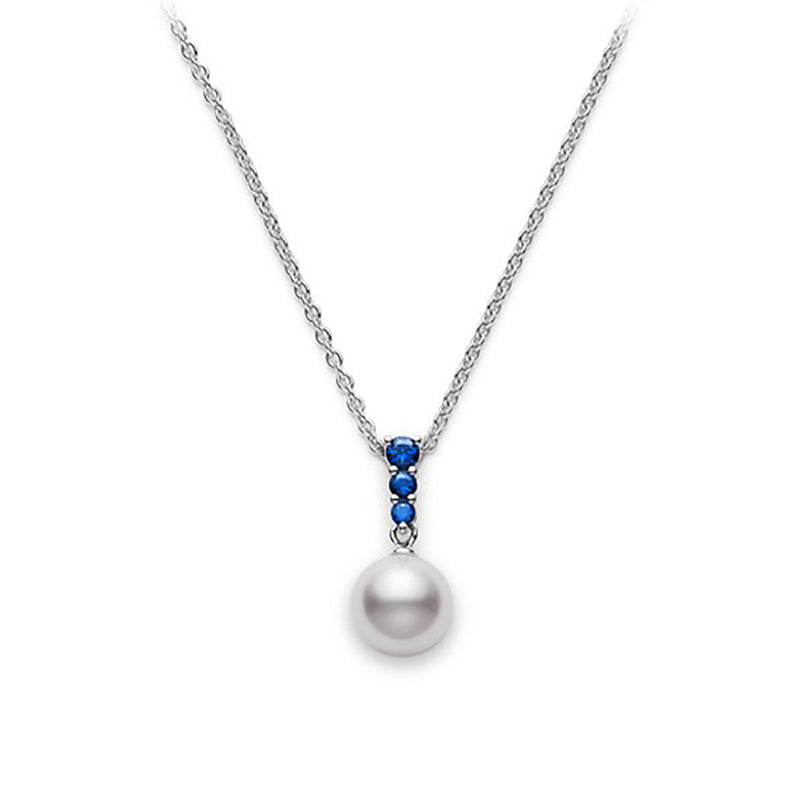 Mikimoto Morning Dew 18ct White Gold Akoya Cultured Pearl and Sapphire Pendant and Chain