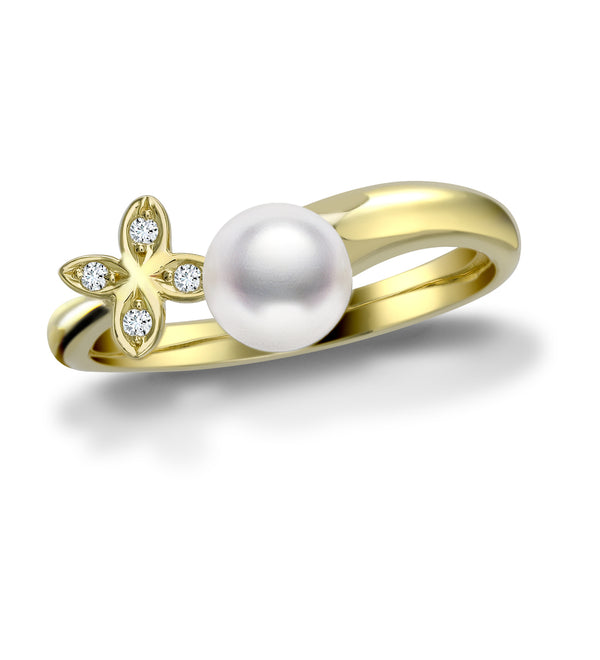 Mikimoto Clover 18ct Yellow Gold Akoya Cultured Pearl and Diamond Ring