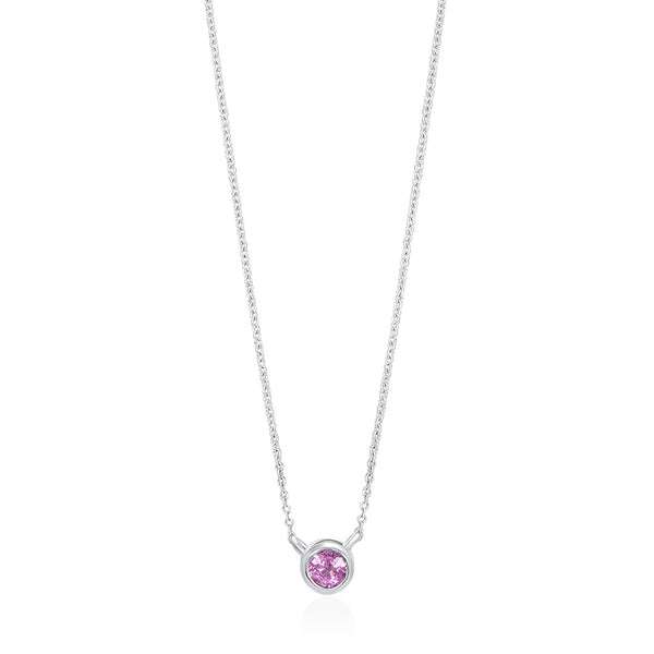 18ct White Gold Rub Set Round Cut Pink Sapphire Pendant