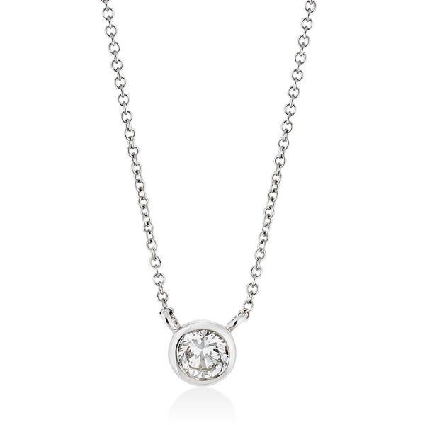 18ct White Gold Rub Set Round Brilliant Cut Diamond Pendant and Chain