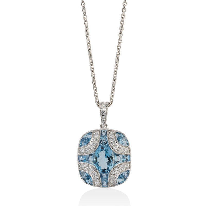 18ct White Gold Oval Cut Aquamarine and Round Brilliant Cut and Diamond Pendant and Chain
