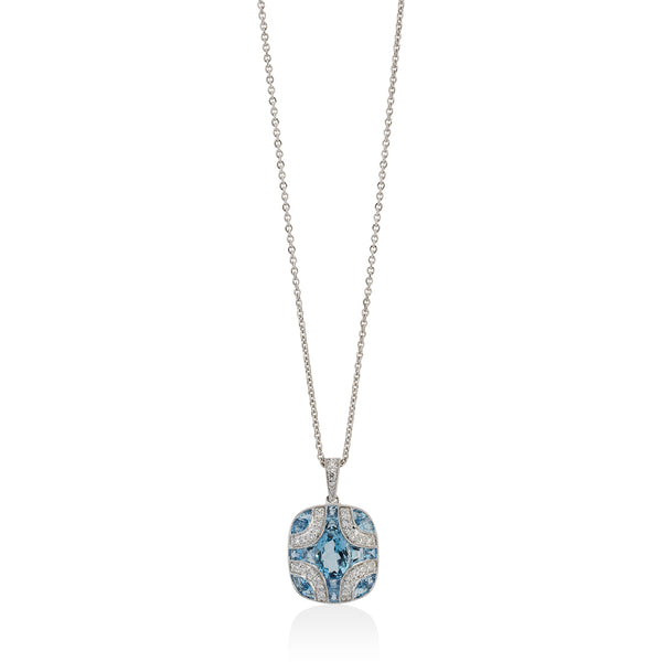 18ct White Gold Oval Cut Aquamarine and Round Brilliant Cut and Diamond Pendant and Chain