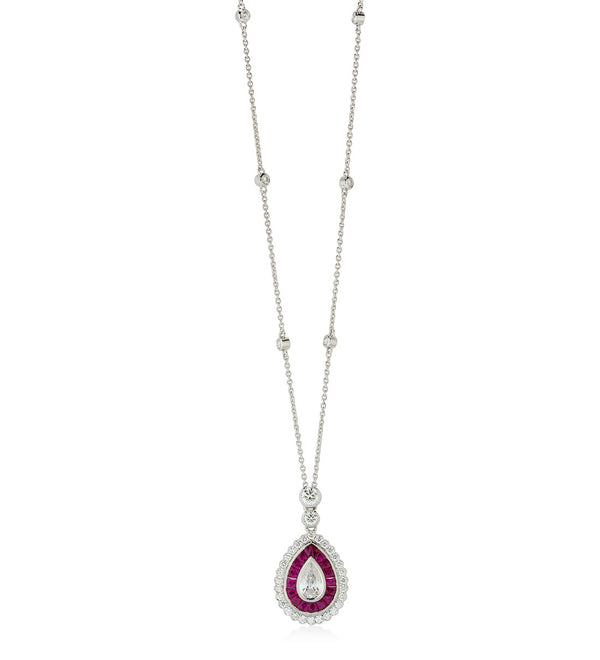 18ct White Gold Milgrain Edge Rub Set Pear Cut Diamond and Ruby Cluster Pendant and Chain