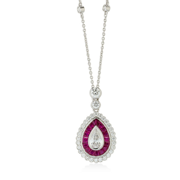 18ct White Gold Milgrain Edge Rub Set Pear Cut Diamond and Ruby Cluster Pendant and Chain