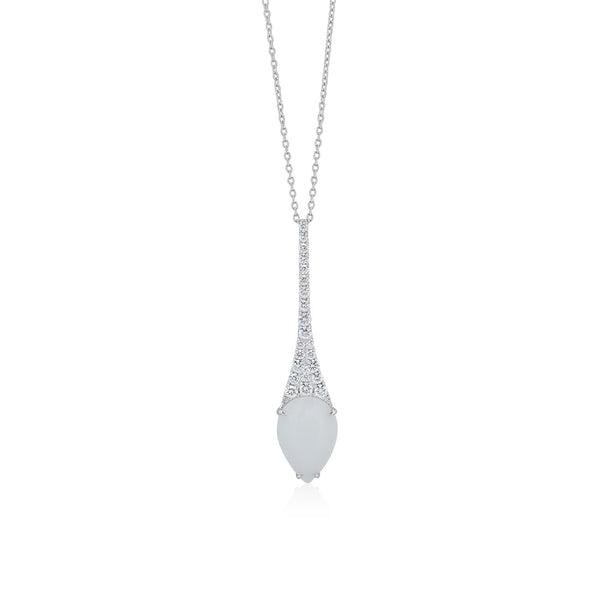 18ct White Gold Pear Cut Moonstone and Diamond Drop Pendant and Chain