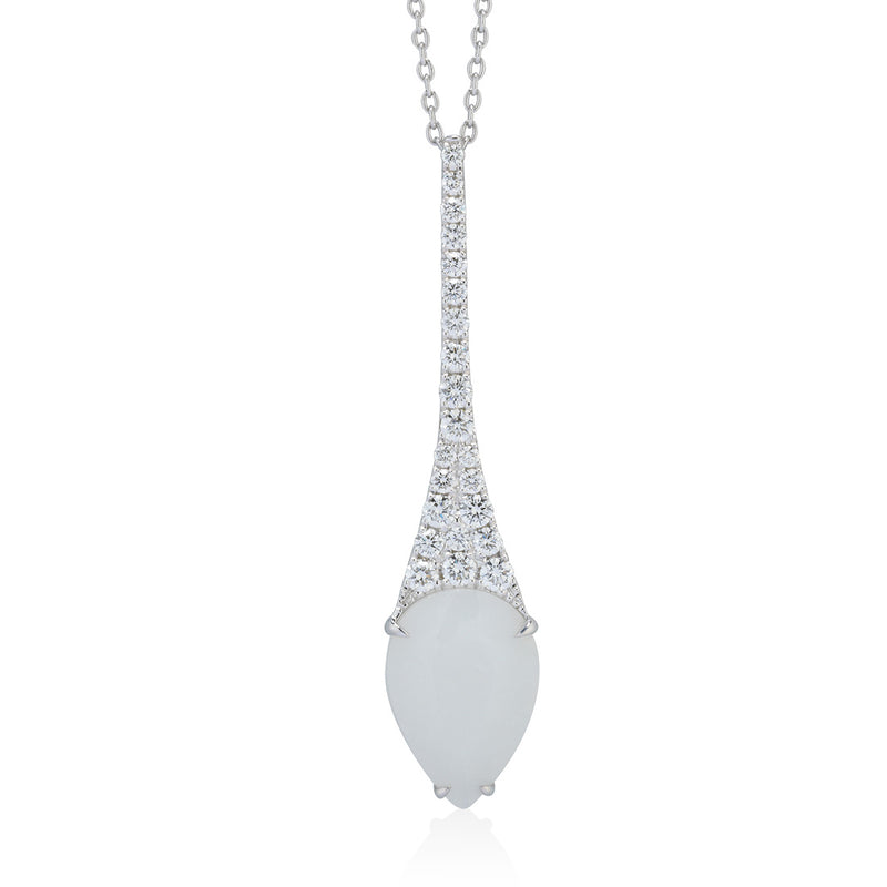 18ct White Gold Pear Cut Moonstone and Diamond Drop Pendant and Chain