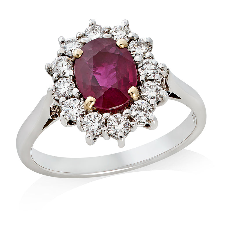 18ct White Gold Four Claw Set Oval Cut Ruby and Diamond Cluster Ring