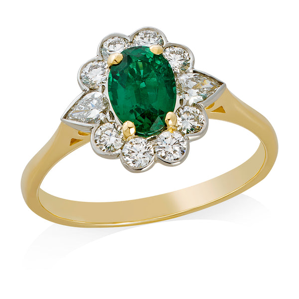 18ct Yellow Gold and Platinum Oval Cut Emerald and Pear Cut and Round Brilliant Cut Diamond Halo Cluster Ring