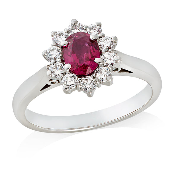 Platinum Four Claw Set Oval Cut Ruby and Diamond Cluster Ring