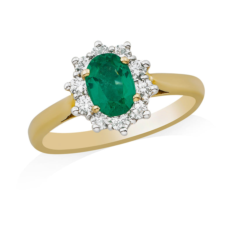 18ct Yellow Gold and Platinum Four Claw Set Oval Cut Emerald and Round Brilliant Cut Diamond Halo Cluster Ring