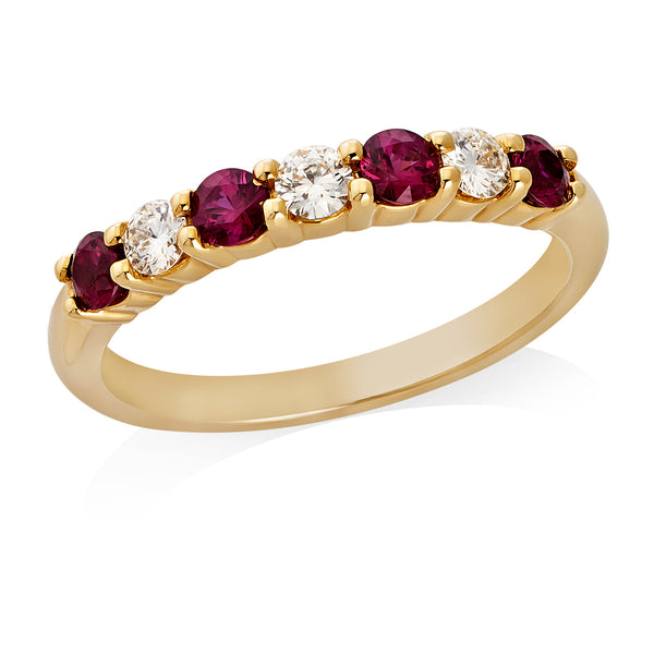 18ct Yellow Gold Four Claw Set Round Cut Ruby and Round Brilliant Cut Diamond Half Eternity Ring