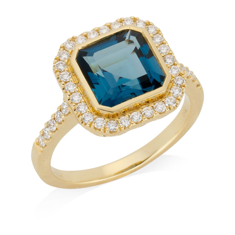 18ct Yellow Gold Rub Set Asscher Cut London Blue Topaz and Diamond Halo Cluster Ring