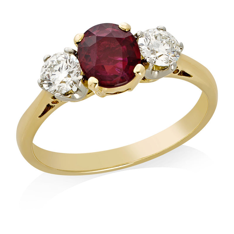 18ct Yellow Gold and Platinum Three Stone Oval Cut Natural Burma Ruby and Round Brilliant Cut Diamond Ring