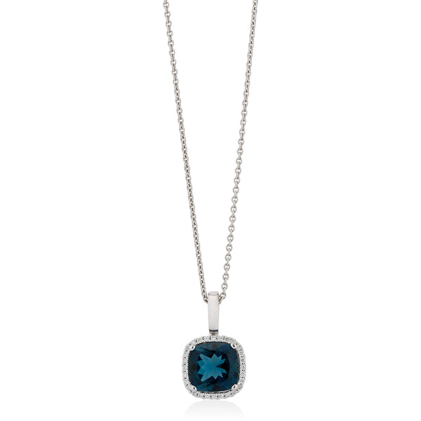 18ct White Gold Cushion Cut London Blue Topaz and Round Brilliant Cut Diamond Halo Cluster Pendant and Chain