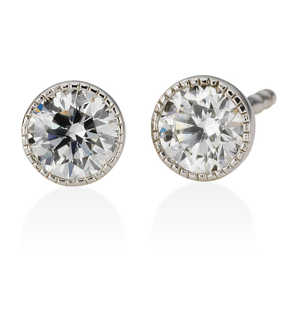 18ct White Gold Milgrain Edge Cup Set Round Brilliant Cut Diamond Stud Earrings