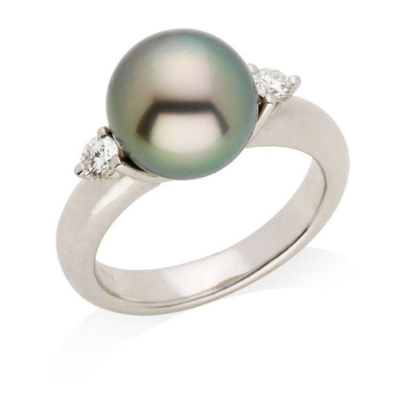18ct White Gold Tahitian Pearl and Round Brilliant Cut Diamond Ring