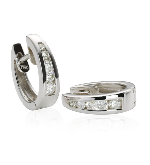 18ct White Gold Channel Set Round Brilliant Cut Diamond Hoop Earrings