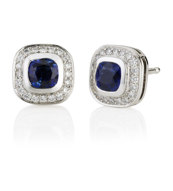 18ct White Gold Cushion Cut Sapphire Diamond Halo Cluster Stud Earrings