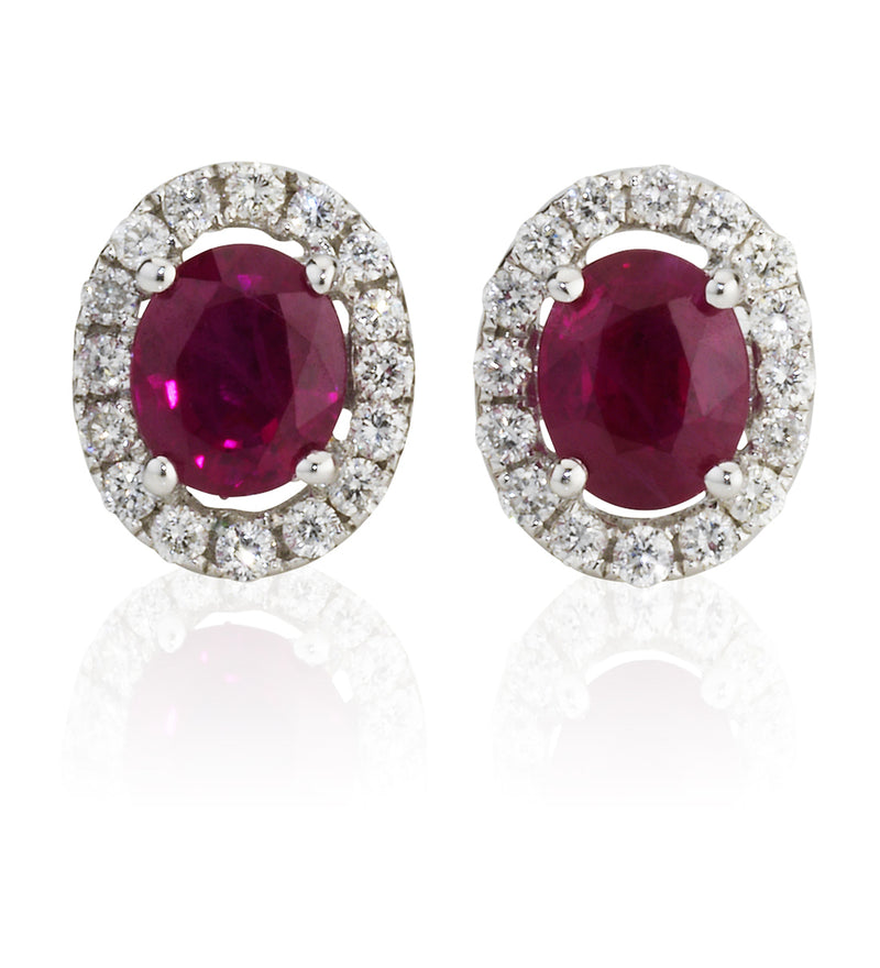 18ct White and Yellow Gold Four Claw Set Oval Cut Ruby and Diamond Halo Cluster Stud Earrings